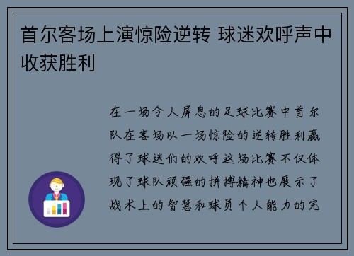 首尔客场上演惊险逆转 球迷欢呼声中收获胜利